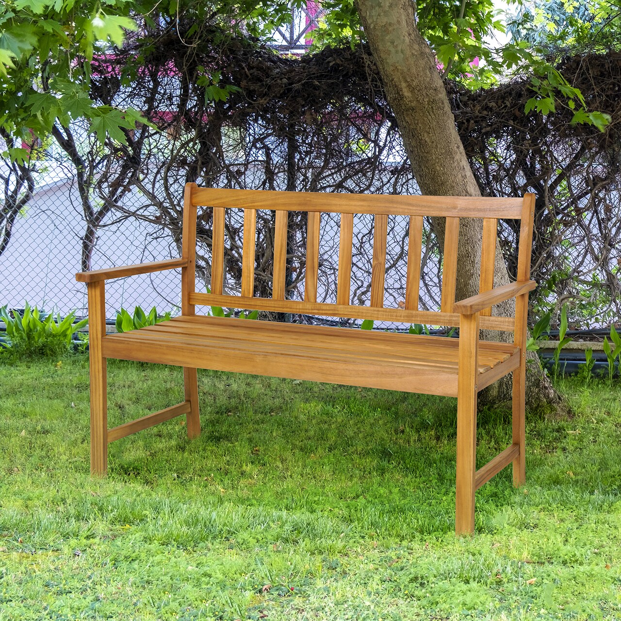 2-Person Patio Acacia Wood Bench with Backrest and Armrests Ideal for Outdoor Seating